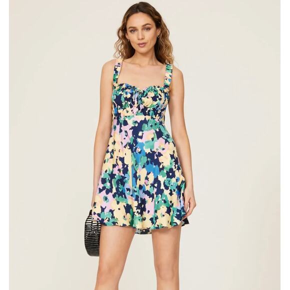 Nicholas Dress Womens 2 Blue Yellow Pink Simie Floral Sweetheart Mini Strapless - Picture 1 of 12